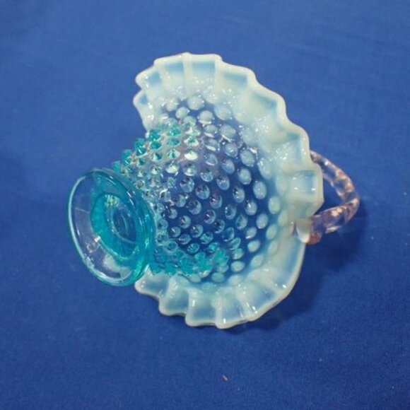 Vintage Fenton Blue Opalescent Glass Hobnail Vase Basket - Picture 3 of 3